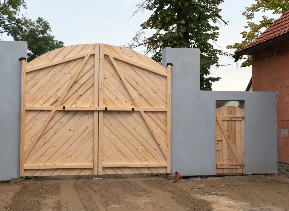 Vrata z čerstvého dřeva s diagonálním kladením, pohled zevnitř, a samostatnými vrátky vedle hlavního vjezdu.